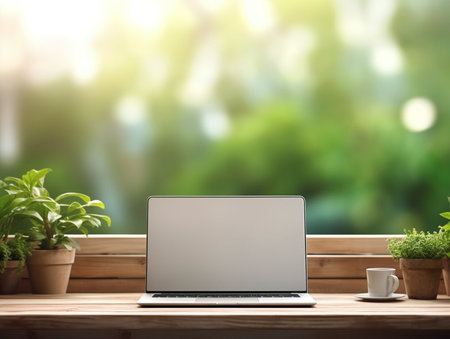 Photo of computer laptop putting on the modern working table with blurred comfortable office as background. Void screen for advertise conceptの素材