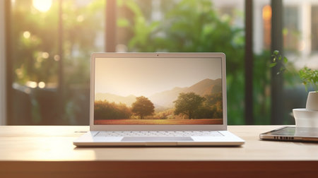 Photo of computer laptop putting on the modern working table with blurred comfortable office as background. Void screen for advertise conceptの素材