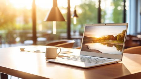 Photo of computer laptop putting on the modern working table with blurred comfortable office as background. Void screen for advertise conceptの素材