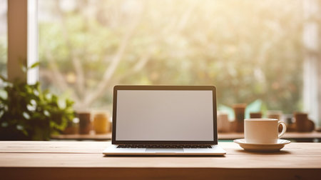 Photo of computer laptop putting on the modern working table with blurred comfortable office as background. Void screen for advertise conceptの素材