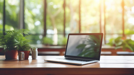 Photo of computer laptop putting on the modern working table with blurred comfortable office as background. Void screen for advertise conceptの素材