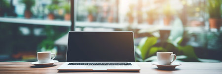 Photo of computer laptop putting on the modern working table with blurred comfortable office as background. Void screen for advertise conceptの素材