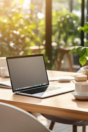 Photo of computer laptop putting on the modern working table with blurred comfortable office as background. Void screen for advertise conceptの素材