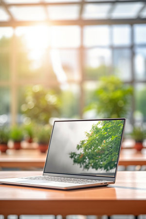 Photo of computer laptop putting on the modern working table with blurred comfortable office as background. Void screen for advertise conceptの素材