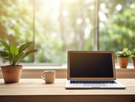 Photo of computer laptop putting on the modern working table with blurred comfortable office as background. Void screen for advertise conceptの素材