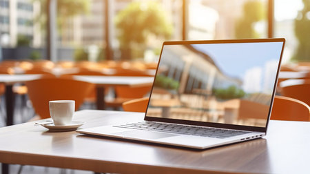 Photo of computer laptop putting on the modern working table with blurred comfortable office as background. Void screen for advertise conceptの素材