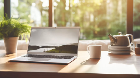 Photo of computer laptop putting on the modern working table with blurred comfortable office as background. Void screen for advertise conceptの素材