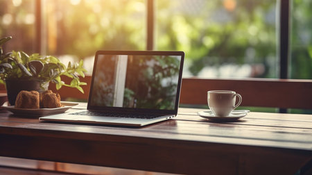 Photo of computer laptop putting on the modern working table with blurred comfortable office as background. Void screen for advertise conceptの素材