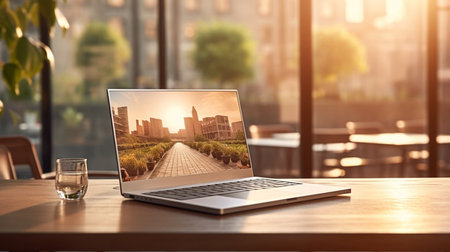 Photo of computer laptop putting on the modern working table with blurred comfortable office as background. Void screen for advertise conceptの素材