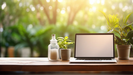 Photo of computer laptop putting on the modern working table with blurred comfortable office as background. Void screen for advertise conceptの素材