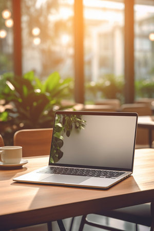Photo of computer laptop putting on the modern working table with blurred comfortable office as background. Void screen for advertise conceptの素材