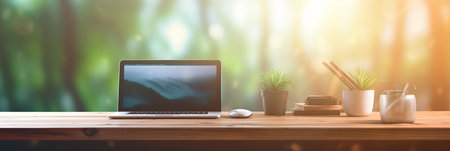 Photo of computer laptop putting on the modern working table with blurred comfortable office as background. Void screen for advertise conceptの素材