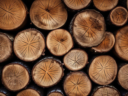 Wooden natural cut logs textured background, top view, flat lay.の素材