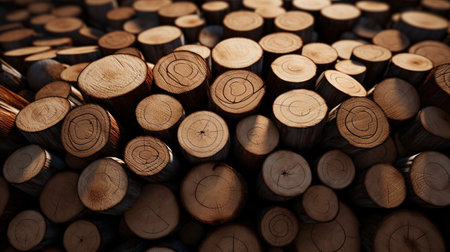 Wooden natural cut logs textured background, top view, flat lay.の素材