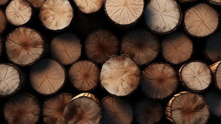 Wooden natural cut logs textured background, top view, flat lay.の素材
