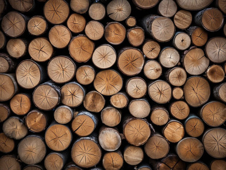 Wooden natural cut logs textured background, top view, flat lay.の素材
