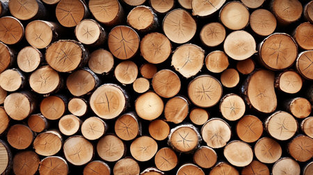 Wooden natural cut logs textured background, top view, flat lay.の素材