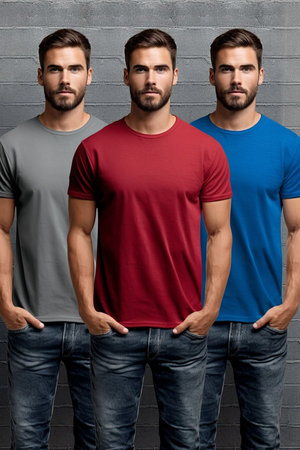 Handsome young men wearing a casual t-shirt. Front view of a mockup t-shirt for design print.の素材