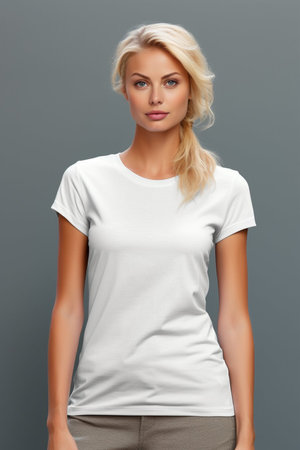 Young woman wearing a white casual t-shirt. Front view of a mock up t-shirt for design print.の素材