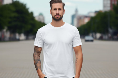 Handsome young man wearing a white casual t-shirt. Front view of a mockup t-shirt for design print.の素材