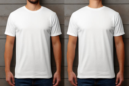 Handsome young man wearing a white casual t-shirt. Front view of a mockup t-shirt for design print.の素材