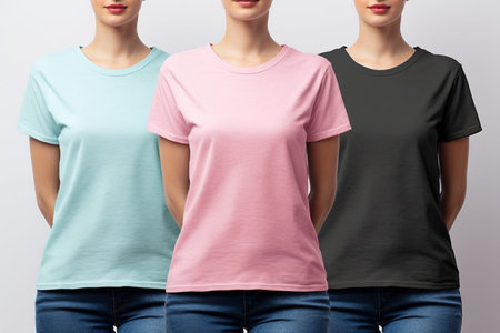 Young woman wearing a casual t-shirt. Front view of a mock up t-shirt for design print.の素材