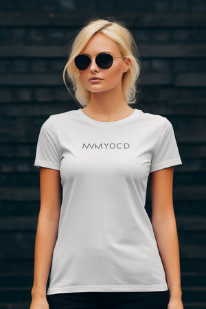Young woman wearing a white casual t-shirt. Front view of a mock up t-shirt for design print.の素材