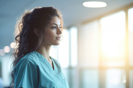Portrait of young pretty woman nurse or doctor in a hospital with blurred backgroundの素材
