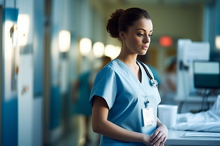 Portrait of young pretty woman nurse or doctor in a hospital with blurred backgroundの素材