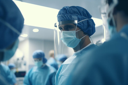 A doctor surgeon during operation in a hospital. Medical personal at work concept.の素材