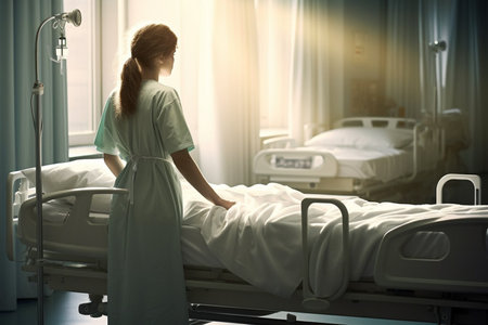 Portrait of young pretty woman nurse or doctor in a hospital with blurred backgroundの素材