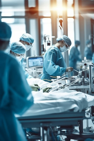 A doctor surgeon during operation in a hospital. Medical personal at work concept.の素材