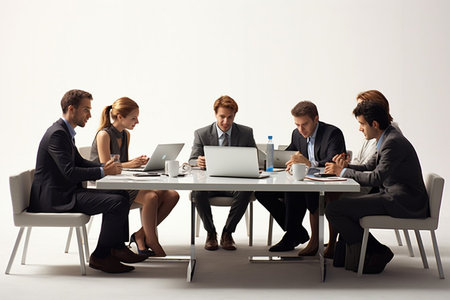 Teamwork meeting, business people in office workplace. Collaboration, technology and workers, men or employees planning sales, research or financial strategy in companyの素材
