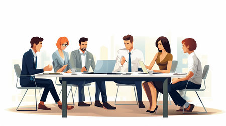 Illustration of teamwork meeting, business people in office workplace. Collaboration, technology and workers, men or employees planning sales, research or financial strategy in company.の素材