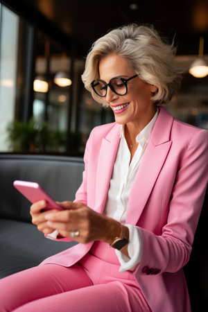 A pretty adult mature businesswoman sitting with mobile phone and smiling. Success person conceptの素材