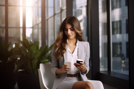 A pretty businesswoman sitting with mobile phone and smiling. Success person conceptの素材