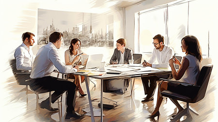 Illustration of teamwork meeting, business people in office workplace. Collaboration, technology and workers, men or employees planning sales, research or financial strategy in company.の素材