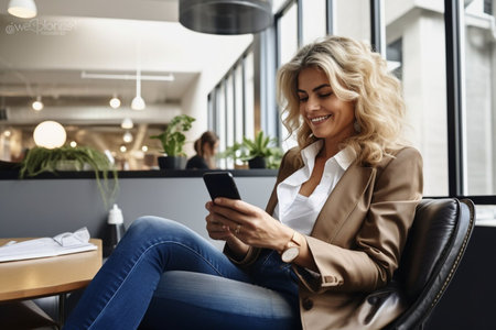 A pretty businesswoman sitting with mobile phone and smiling. Success person conceptの素材