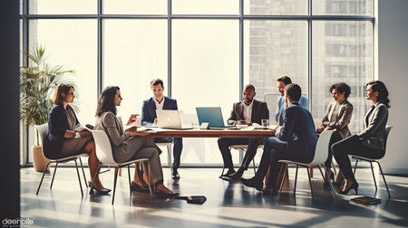 Illustration of teamwork meeting, business people in office workplace. Collaboration, technology and workers, men or employees planning sales, research or financial strategy in company.の素材
