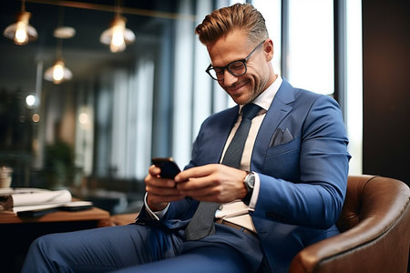 A handsome businessman sitting with mobile phone and smiling. Success person concept.の素材
