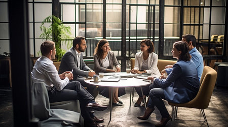 Teamwork meeting, business people in office workplace. Collaboration, technology and workers, men or employees planning sales, research or financial strategy in companyの素材