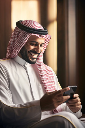 A saudi businessman sitting with mobile phone and smiling. Success person conceptの素材