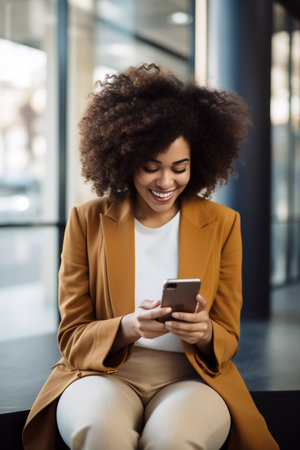 A pretty African businesswoman sitting with mobile phone and smiling. Success person conceptの素材