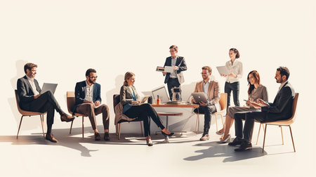 Illustration of teamwork meeting, business people in office workplace. Collaboration, technology and workers, men or employees planning sales, research or financial strategy in company.の素材