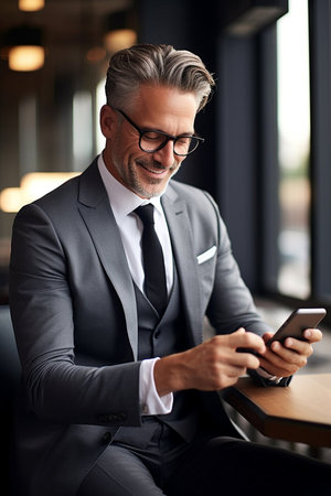 A handsome businessman sitting with mobile phone and smiling. Success person concept.の素材