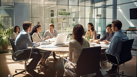 Teamwork meeting, business people in office workplace. Collaboration, technology and workers, men or employees planning sales, research or financial strategy in companyの素材