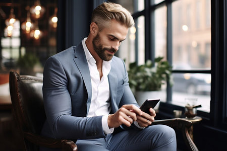 A handsome businessman sitting with mobile phone and smiling. Success person concept.の素材