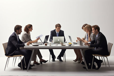 Illustration of teamwork meeting, business people in office workplace. Collaboration, technology and workers, men or employees planning sales, research or financial strategy in company.の素材