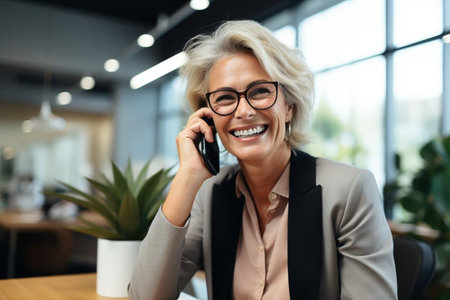 A pretty adult mature businesswoman sitting with mobile phone and smiling. Success person conceptの素材