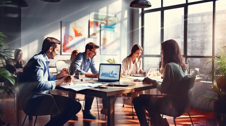 Teamwork meeting, business people in office workplace. Collaboration, technology and workers, men or employees planning sales, research or financial strategy in companyの素材